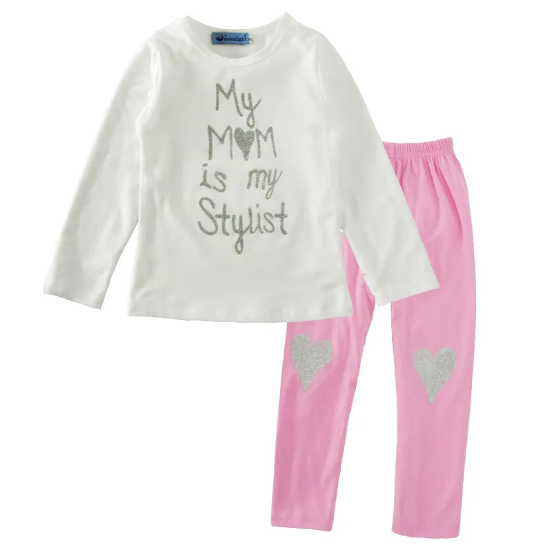 Bebek mektubu kıyafetler kızlar Benim MOM benim Stilist baskı üst + Kalp şeklinde sequins pantolon 2 adet / takım 2018 Butik çocuk Giyim Setleri
