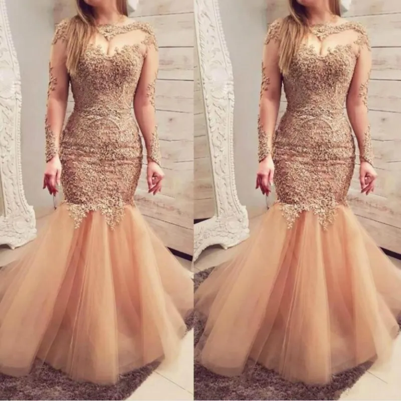 Illusion Długie rękawy Suknie wieczorowe Sexy Sheer Deckline Lace Aplikacje Mermaid Prom Dress Long Tulle Zipper Powrót Formalne Party Suknie