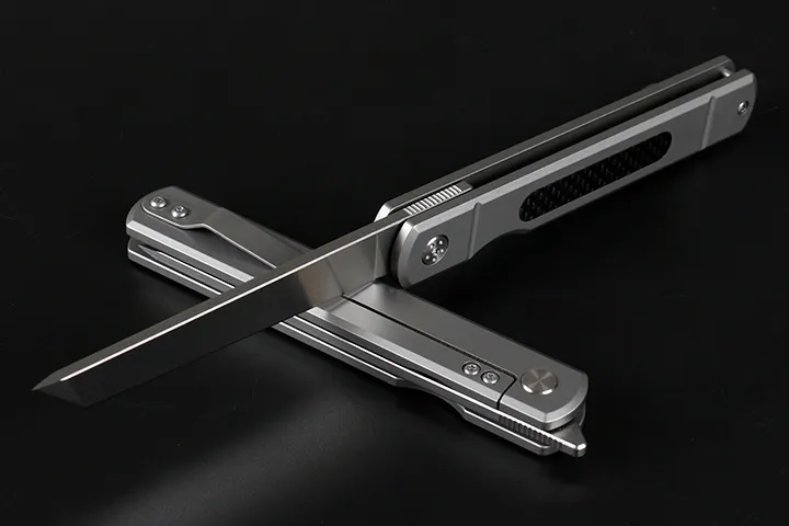 FedEx Free shipping High End New Ball Bearing Folding Knife D2 Satin Tanto Blade TC4 Titanium Alloy + Carbon Fiber Handle EDC Pocket Knives