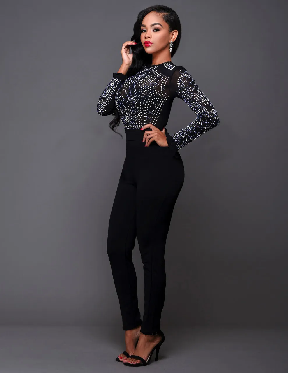Women Sequins Jumpers For Night Club Eur Fashion High Waist Mesh See Through Skinny Tracksuit Lady Bodycon Tracksuit