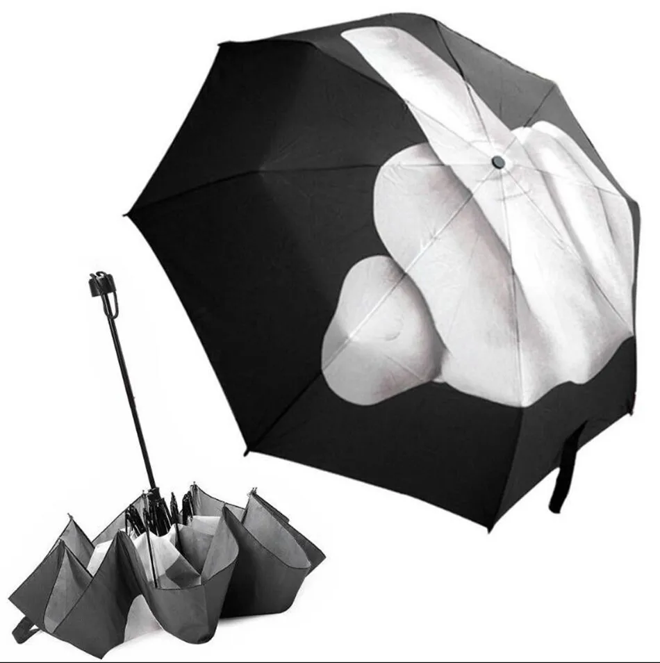 Middle Finger Umbrella Rain Windproof Up Yours Umbrella Creative Folding Parasol Fashion Impact Black Umbrella OOA4505