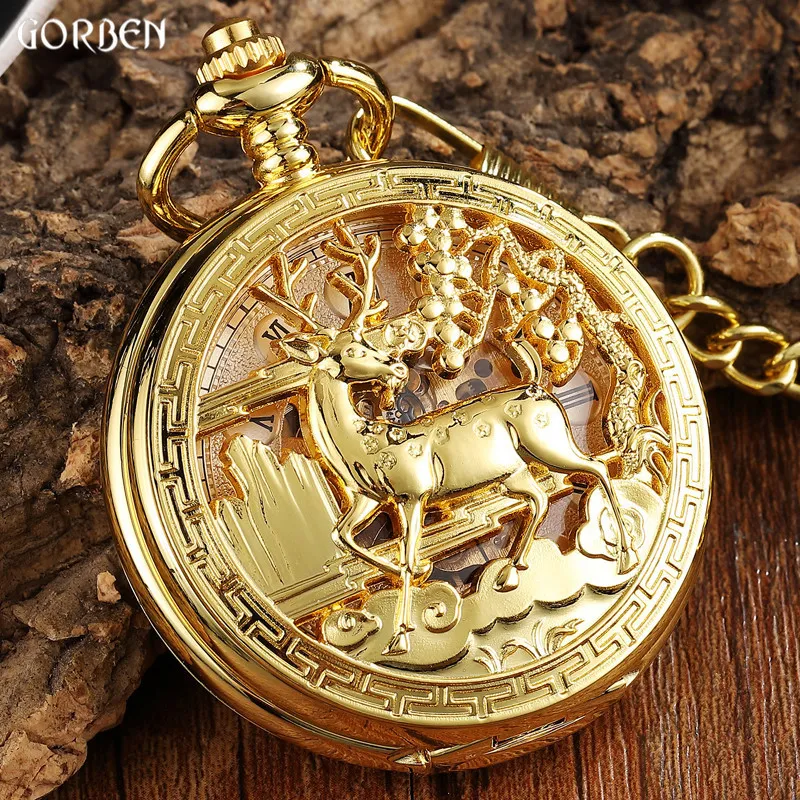 2021 Gold Clock Flower Deer Carving Design Mechanical Pocket Watch FOB Waist Chain Skeleton Hollow Steampunk Men