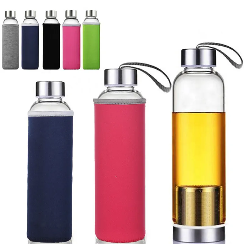 La más nueva botella de agua de vidrio de 22 oz BPA Botella de agua deportiva de vidrio resistente a altas temperaturas con filtro de té Botella de infusor Manga de nylon HH7-1087
