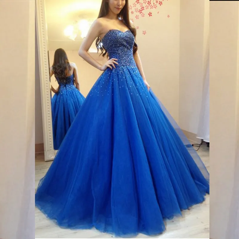 Robe de bal bleue royale perlée scintillante Une ligne chérie sans manches Corset Retour Puffy Tulle longues robes de soirée formelles Couleurs personnalisées