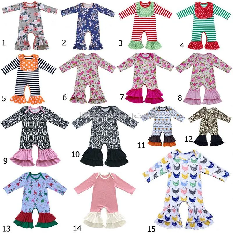 2018 new floral Ruffle romper baby boy girl Jumpsuits Cotton children ruffled Pajamas kids Climb clothes 37 styles C3378