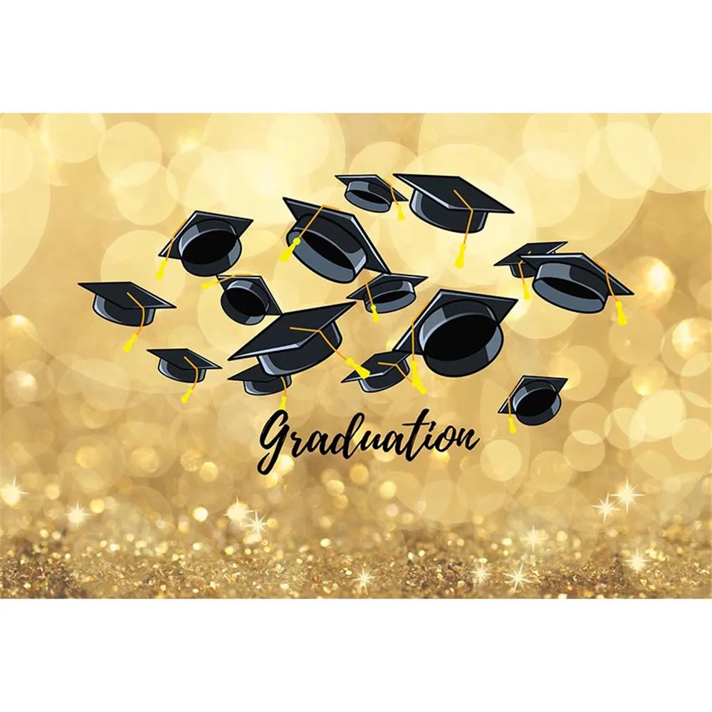 Graduation Theme Party Photo Booth Backdrop Printed Bokeh Gold Polka Dots Bachelor Caps Kids Children Photography Backgrounds