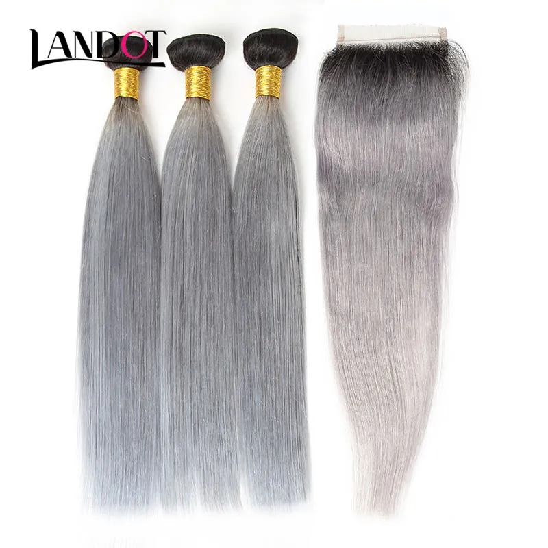 9A Ombre 1B / Grigio Brasiliani Capelli Umani Vergini Tesse 4 Bundles Con Chiusure Del Merletto Superiore Ombre Peruviane Malese Capelli Cambogiani Malesi