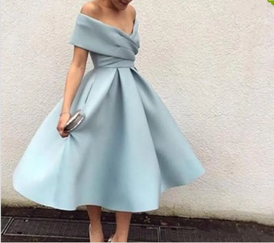 2019 ny ankomst ljusblå cocktail klänning av axel te längd kort fest prom klänningar högkvalitativa homecoming klänningar formell klänning