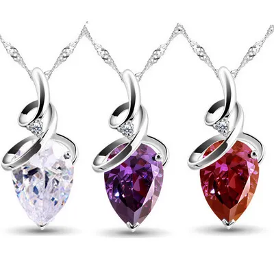 Necklace Silver Water Drop Chain and Pendant Heart Crystal Pong Processing Jewelry 925 Sterling Silver Jewelry Heart Stone Necklace