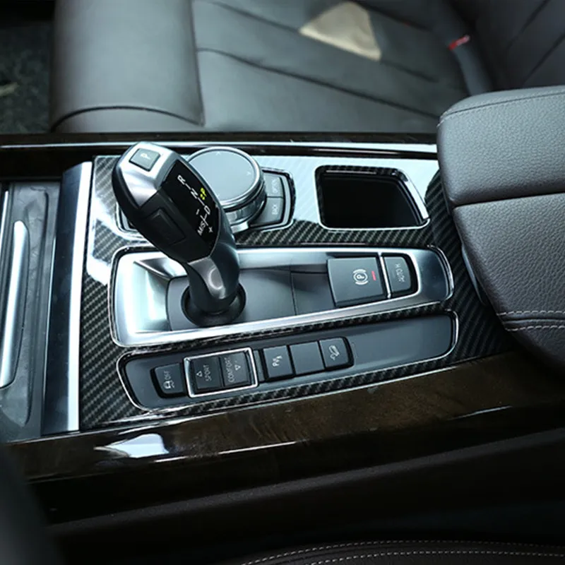 Carbon Fiber Carse Carse Cars Carsion Console Gear Shift Prise Tear Cover Trim для BMW X5 F15 X6 F16 2014-18 LHD наклейки ABS
