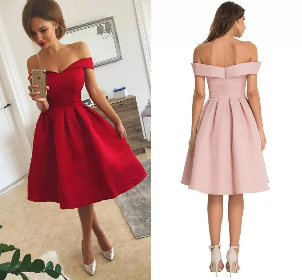 2019 Simple Red Satin Short Prom Dresses With Ruffles Off Shoulder Knee Length Short Party Dresses Custom Made Cheap Short Evening Dresses