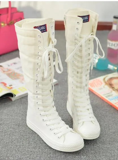 Women s Gothic Knee High Canvas Sneaker Boots with Zipper Punk EMO Style Flat Shoes in Black