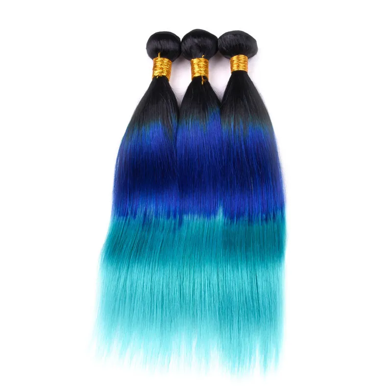 Dark Rooted #1B/Blue/Teal Three Tone Ombre Brazilian Virgin Human Hair Bundles Straight Ombre Human Hair Weaves Double Weft Extensions