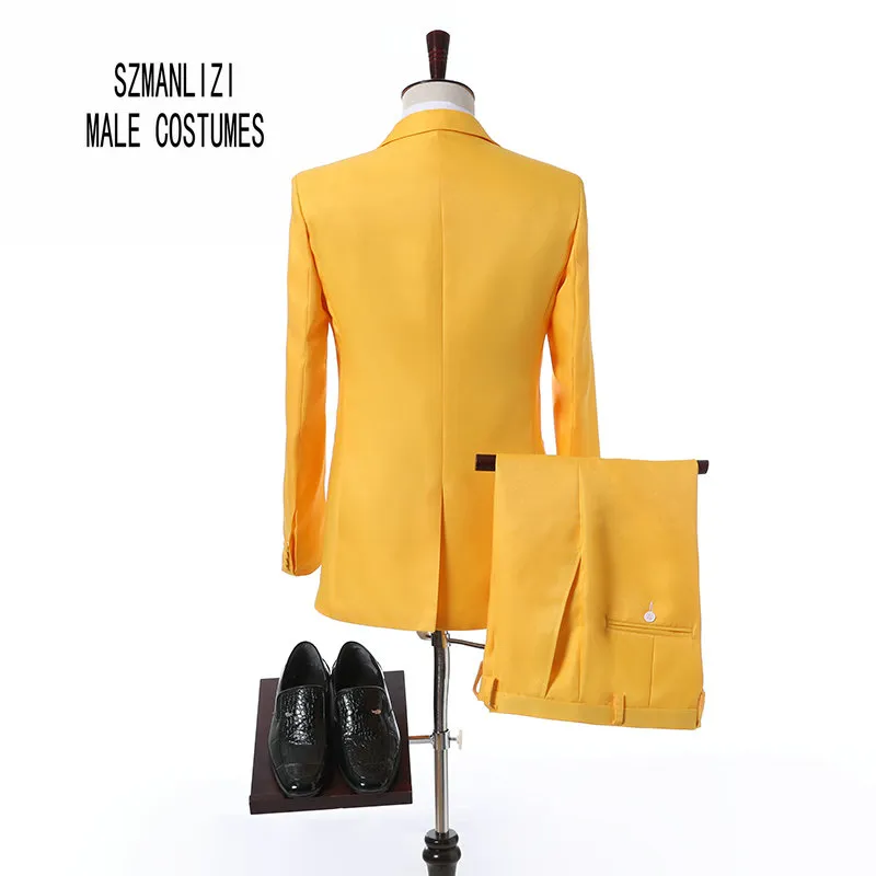 Élégant Marque Hommes Costumes 2018 Custom Made Dernier Manteau Pantalon Conception De Mode Jaune Costume Pour Mariage Marié Meilleur Homme Garçons D'honneur Costume De Bal Smoking