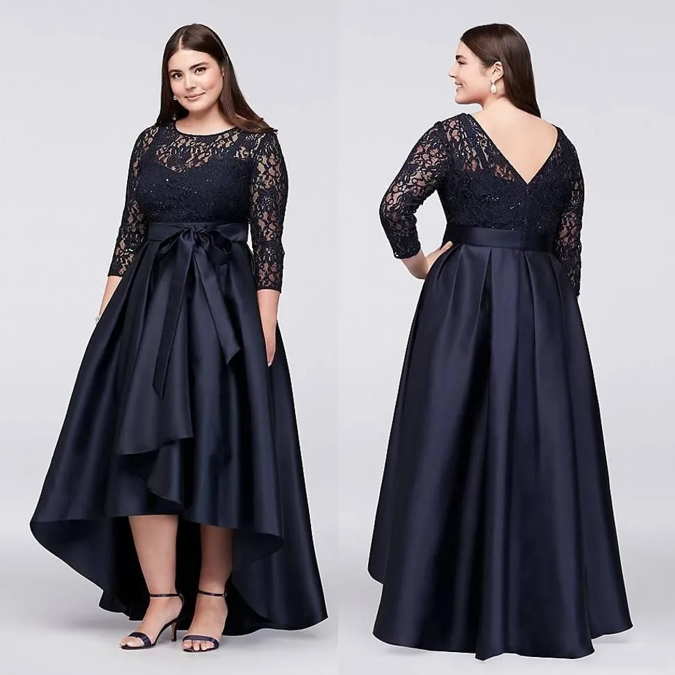 2018 Black Mother Of Bride Dresses Jewel Lace Appliques Sequins Plus Size Long Sleeves V Back High Low Sash Wedding Guest Gowns Evening