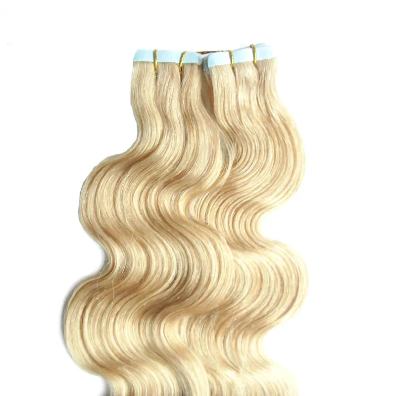 Tape i hårförlängningar 100g Virgin Brasilian Body Wave Remy Hair PU Skin Väftband i Human Hair Extensions 613 Blek blondin