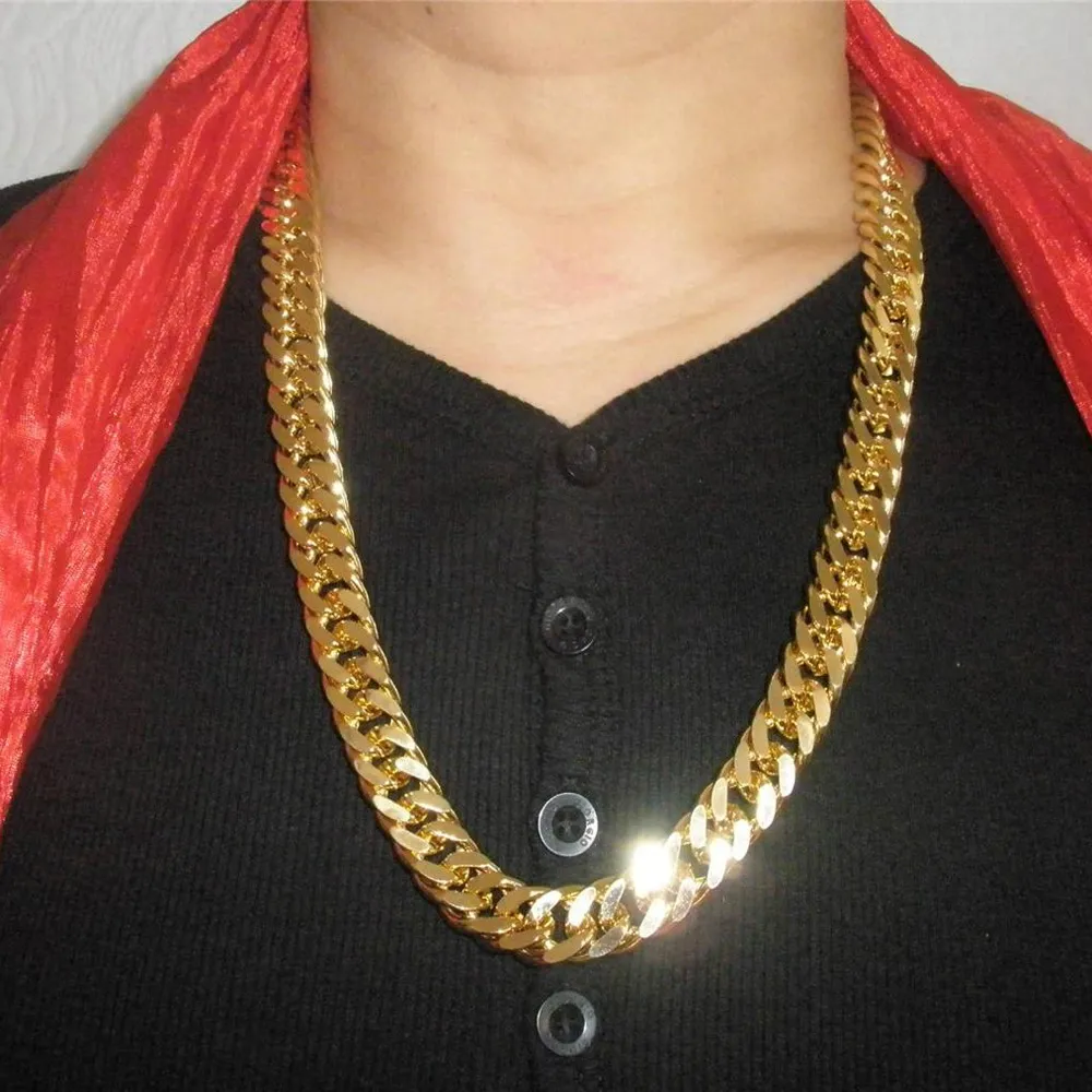 Heavy Mens Necklace Chain 18K Yellow Gold Filled Solid Double Curb Chain Jewelry 60cm Long 10mm Wide225p