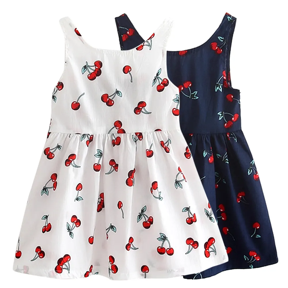 Kleid für Mädchen 2018 Sommer Baumwolle Kirsche Bogen Dekor Prinzessin Kleid Floral Weste Kleider für Mädchen Kinder Kleidung Vestidos
