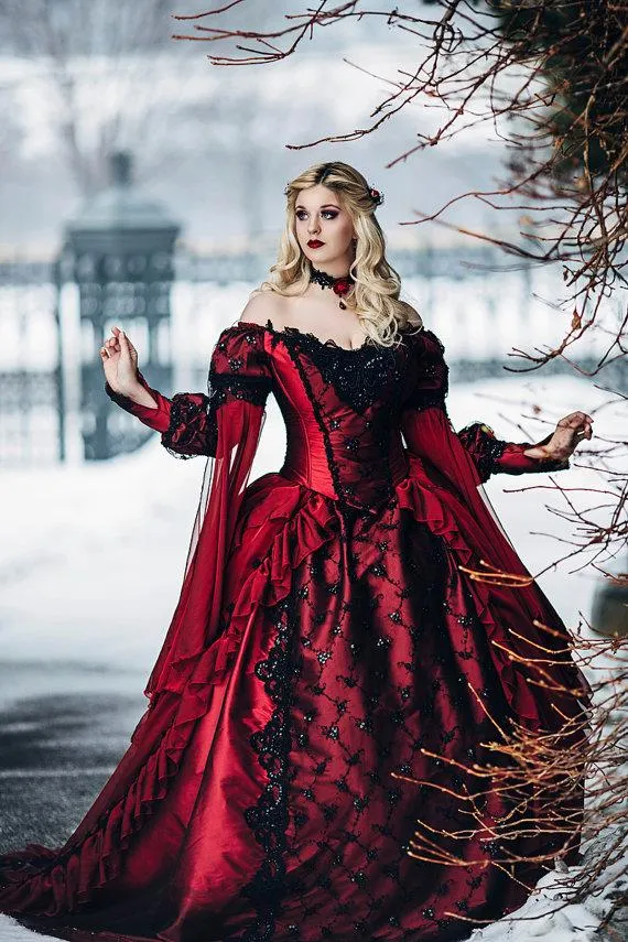 Princesa Gótica Medieval Vestido de Baile Vestido de Noiva Manga Longa Apliques de Renda Vestidos de Noiva Vitorianos Vestidos de Noiva Plus Size