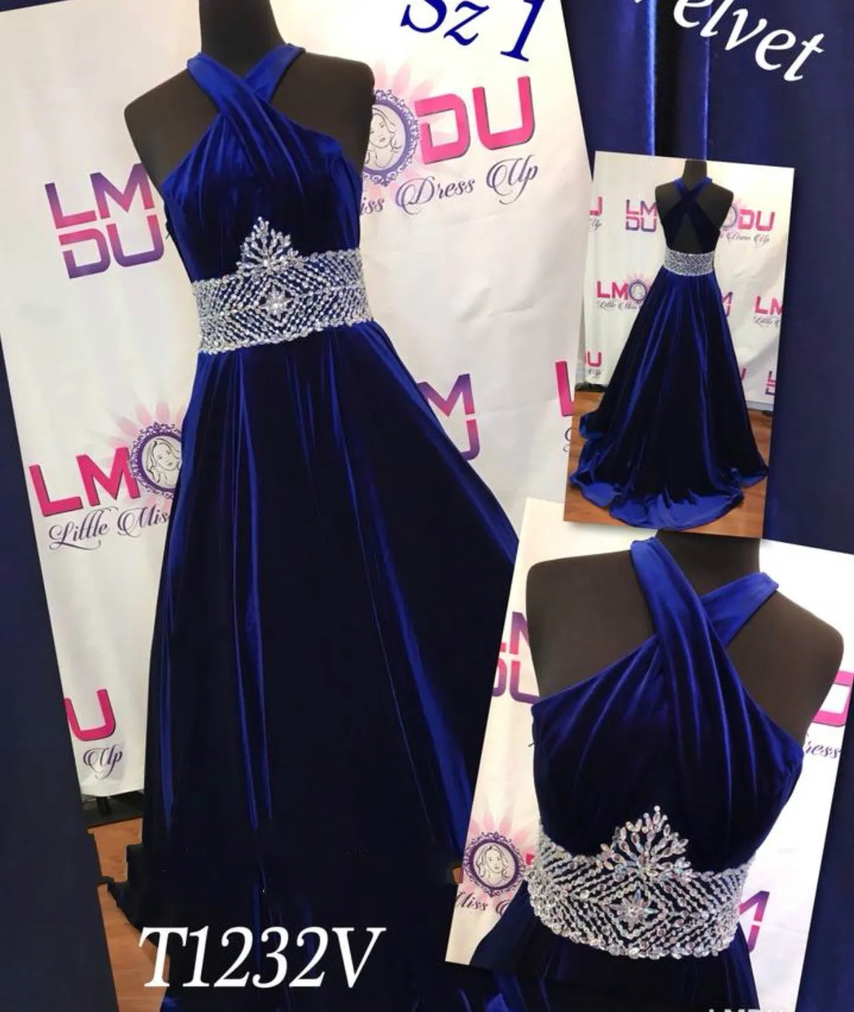 A-Line Kraliyet Mavi Kadife Kız Pageant Elbise Düğün için Parti Pageant elbise Kristal Boncuklu Communion Balo Abiye Aç Geri Custom Made