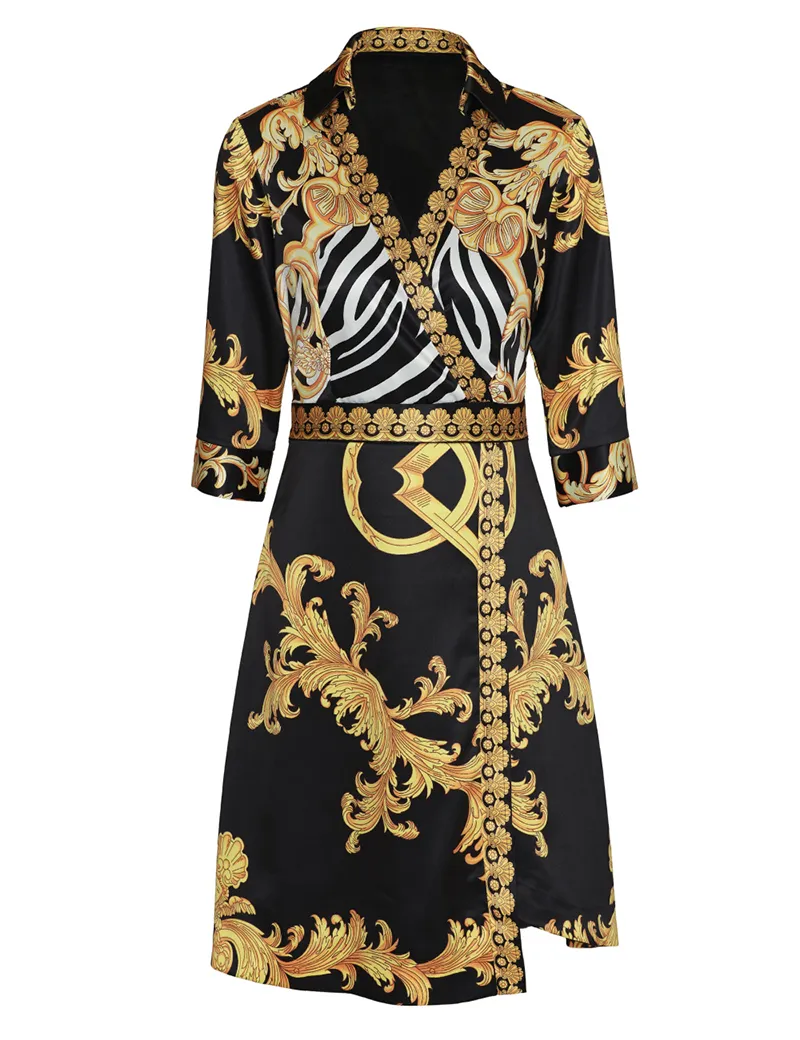 Vintage Print Women Dress 3/4 Sleeve Dresses 01K602