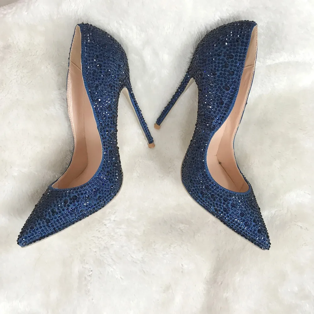 woman women lady 2019 new dark blue navy crystal pointed toe high heels shoes pumps Rhinestone Stiletto Heel