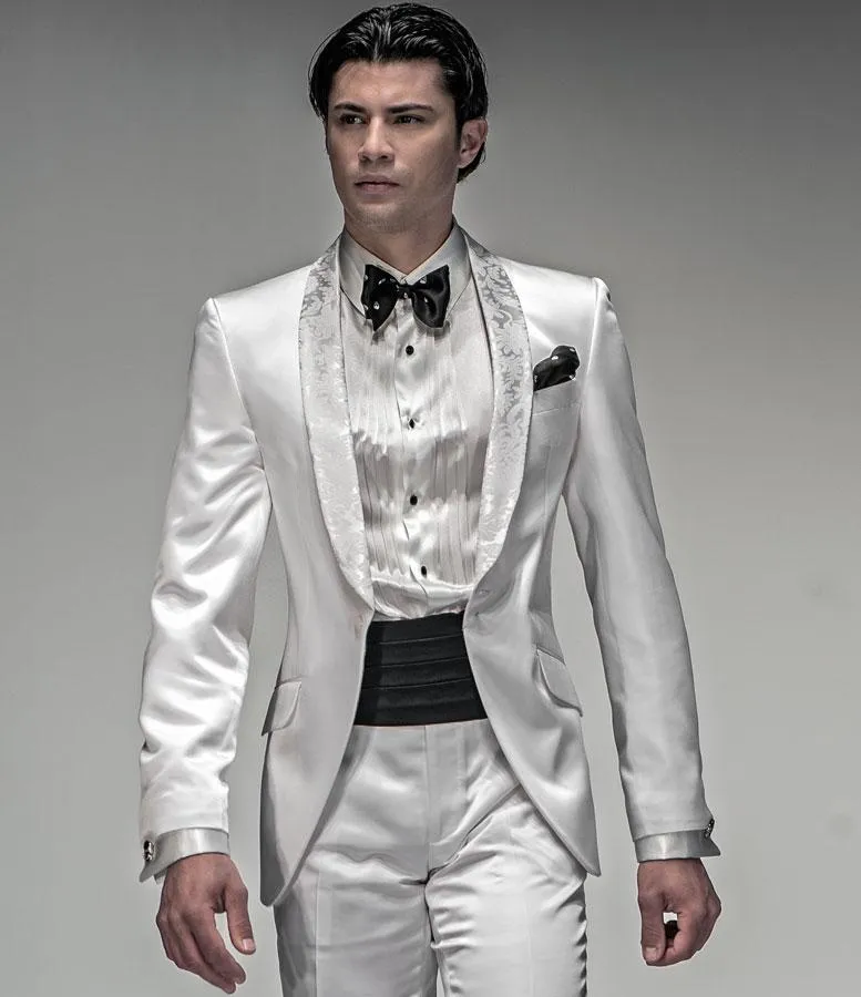 Nieuwe Mode Glanzende Wit Bruidegom Tuxedos Groomsmen Draag Uitstekende Mannen Business Activity Suit Party Prom Pak (Jas + Broek + Tie + Girdl) NO: 104