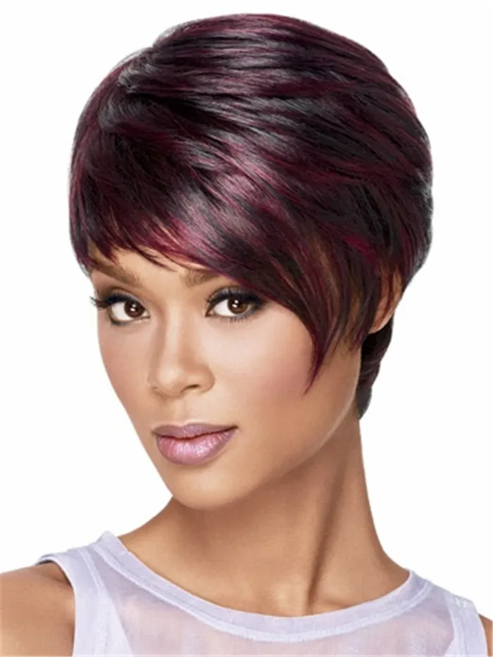 black burgundy mixed color short hair wig with bang Heat resistant fiber synthetic wig capless fashion wig for women