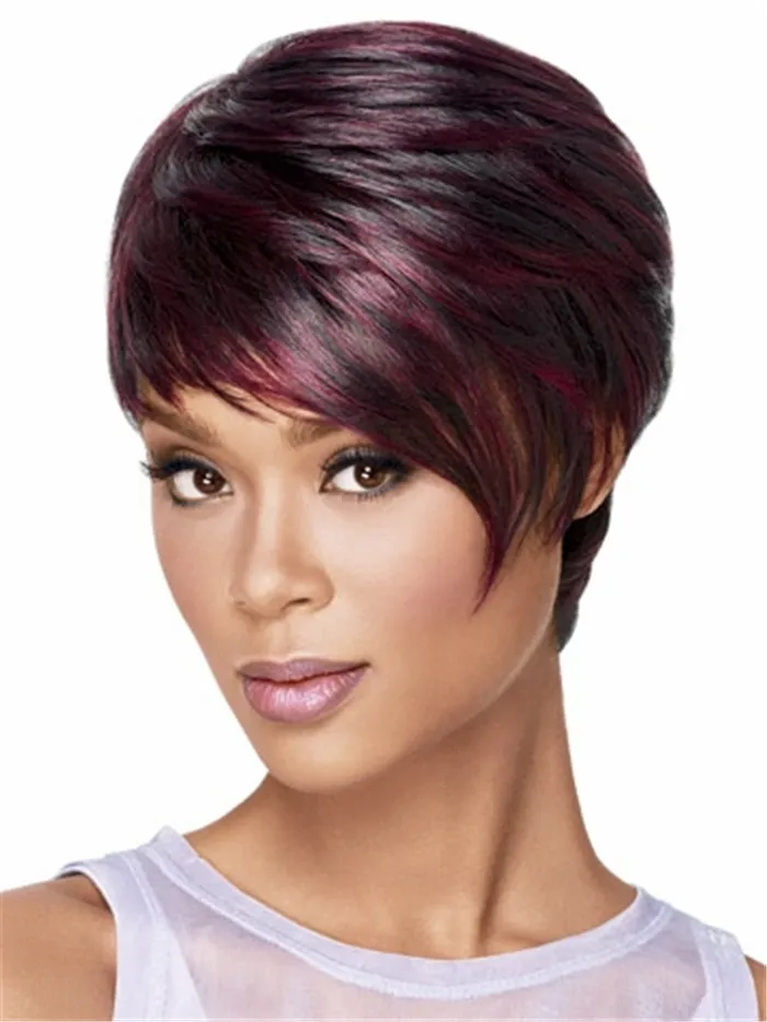 Svart Burgundy Blandad Färg Kort hår peruk med Bang Värmebeständig Fiber Syntetisk Wig Capless Fashion Wig För Kvinnor