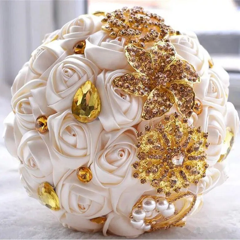 Gorgeous wedding bridal bouquets ivory gold shiny flowers Artificial Wedding Bouquet new crystal sparkle bouquet of bride