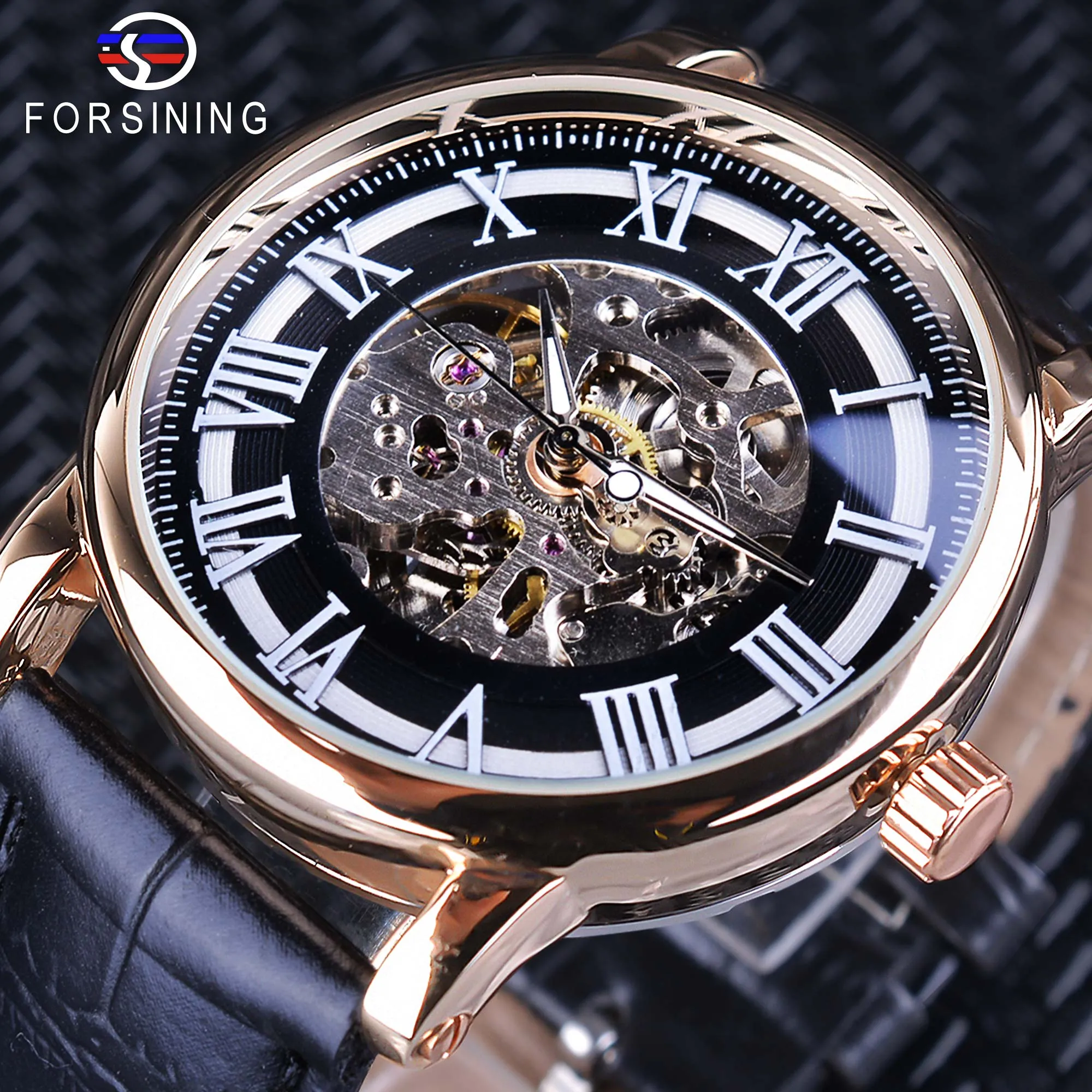 Forsining 2019 Retro Roman Herren Automatische Uhren Top -Marke Luxus Black Skeleton Luminous Armbanduhr Männliche Uhr Kreative Uhr Kreative Uhr