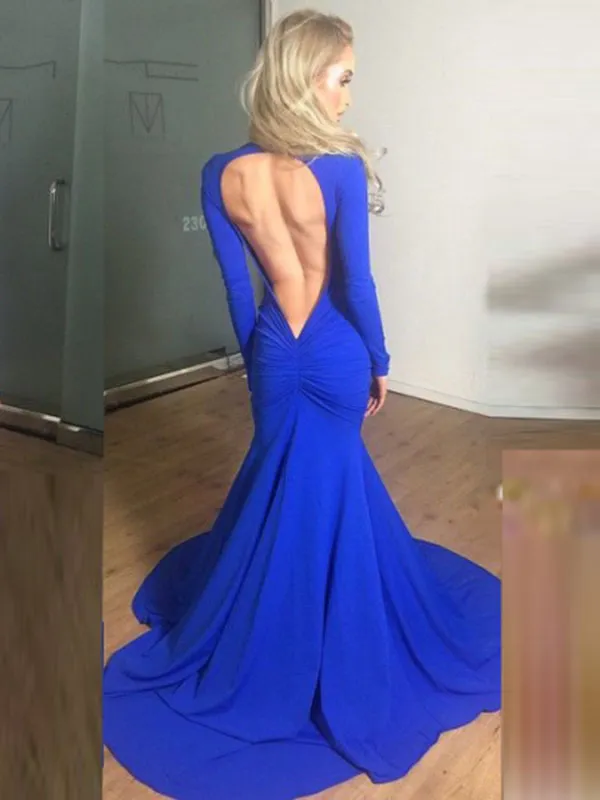 Hot Sale Sexy V-Neckline Lång Mermaid Evening Klänningar Långärmad Golv Längdskede Prom Klänningar Formell Kvällstorkar Skräddarsy