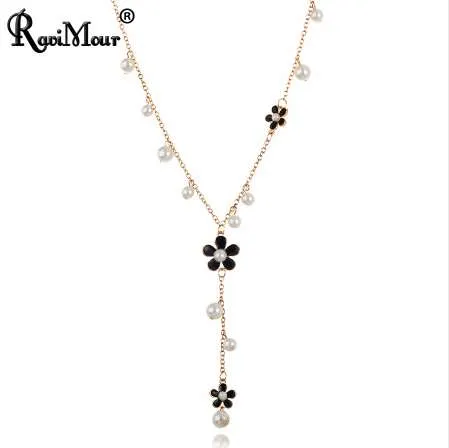 RAVIMOUR Flower Long Necklace for Women Fashion Simulated Pearl Jewelry Tassel Perlas Necklaces & Pendants Bijoux Femme Perle