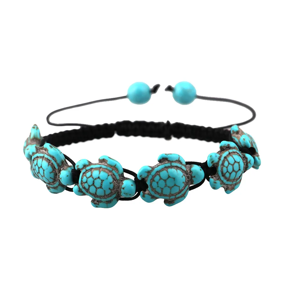 Bohemian Women's Turkos Turtle Charm Armband Svart Handvävnad Flätad Rope Justerbar Bangle för Unisex Mäns Mode Smycken