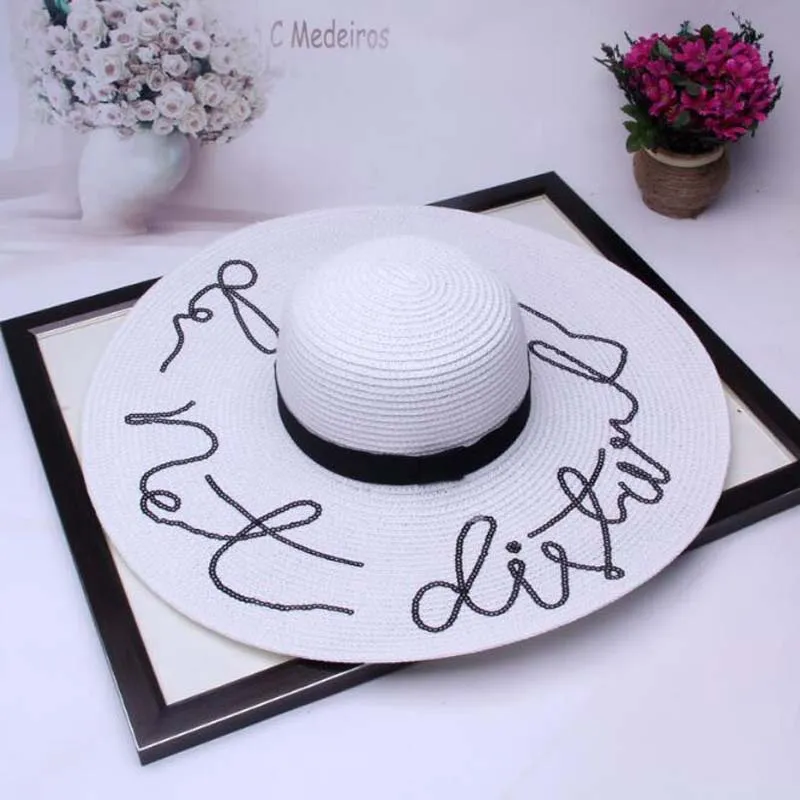 Women Foldable Floppy Letters Sequin Embroidery Straw Sun Hat Summer Wild Large Brim With Ribbon Trim Beach Cap UV Protection3148816