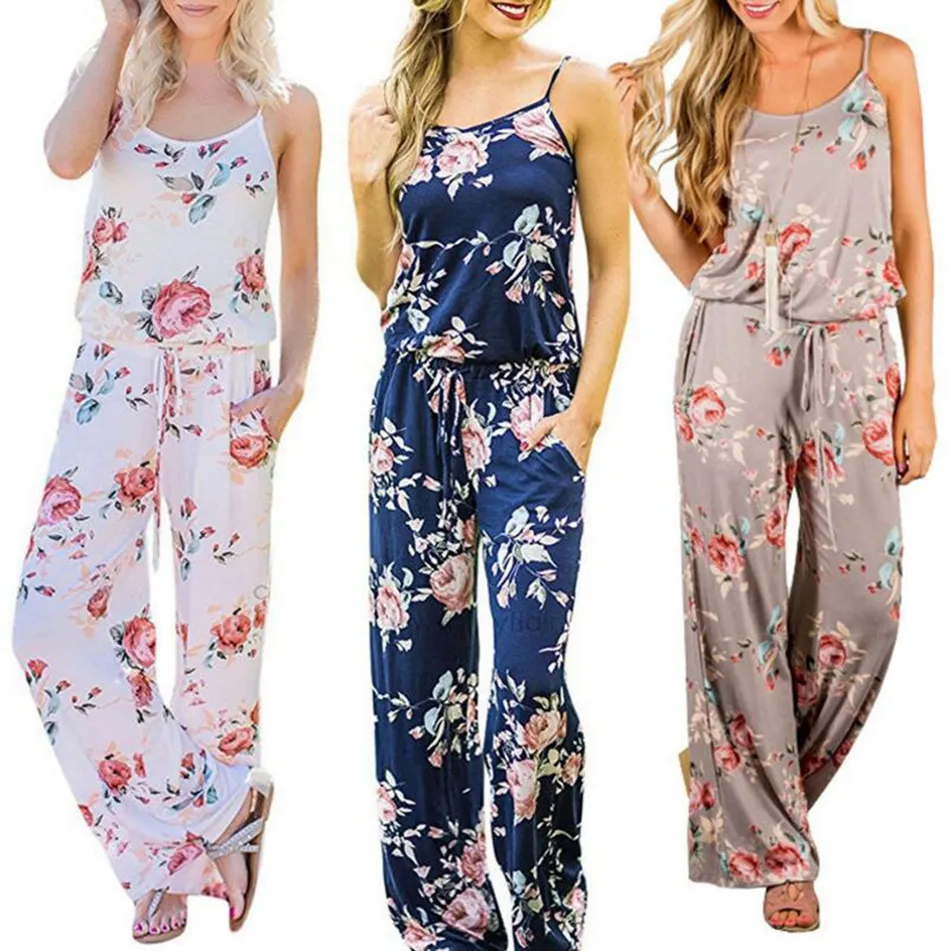 여성 스파게티 스트랩 꽃 프린트 Romper Jumpsuit 민소매 비치 Playsuit Boho Summer Jumpsuits 롱 팬츠 3 색 OOA4330