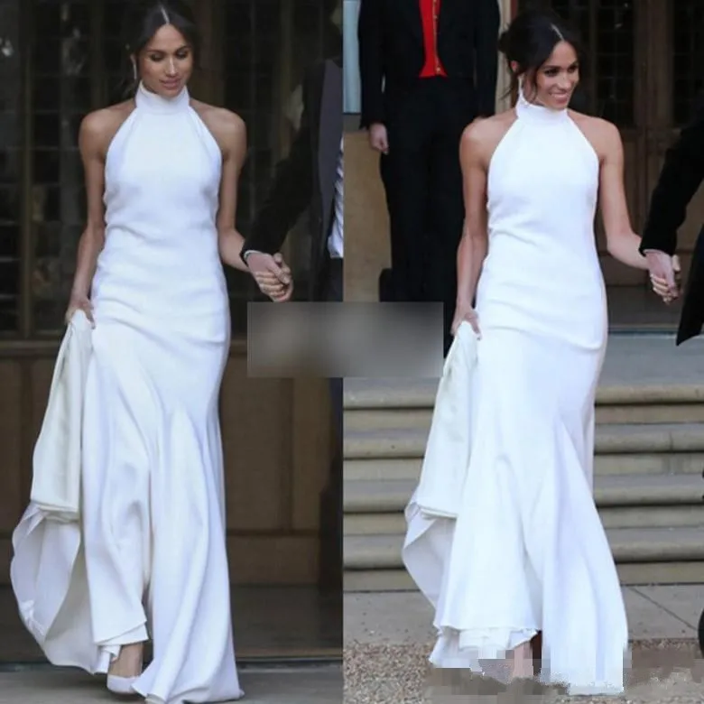 Simple White Mermaid Wedding Dresses 2019 Prince Harry Meghan Markle Bridal Party Gowns Halter Neck Soft Satin Wedding Recept Dress