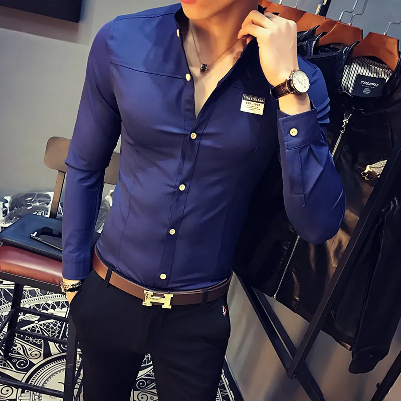 Korean Slim Fit Shirt Men  Designer Fashion Tuxedo Shirts Mens Dress Spring Stand Collar Long Sleeve Social Shirts Male 5XL