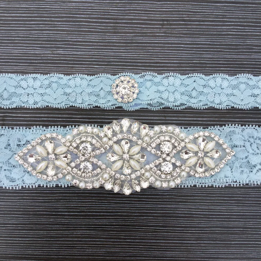 Blå Bridal Garters Kristaller Pärlor för Bride Lace Bröllop Garters Bälte GRATIS Storlek från 15 till 23 inches Bröllop Ben Garters Real Picture