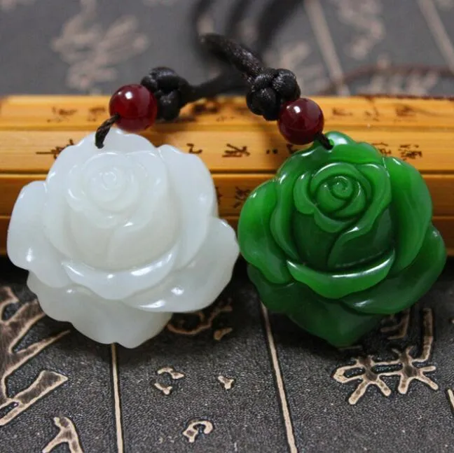 Certificado Natural Verde Jade Rosa De Couro / contas Colar Pingente Corda Sorte Amuleto Jóias Gemstone Presente com Caixa