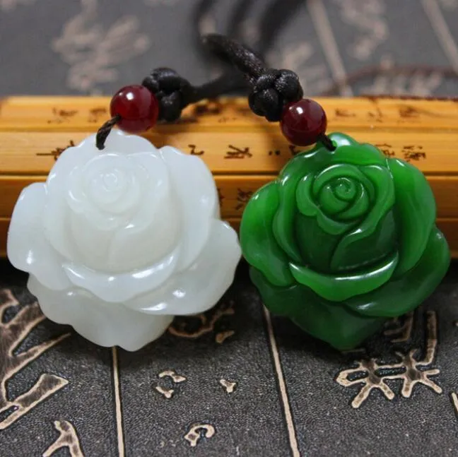 Certificate Natural Green Jade Rose Leather/beads Necklace Pendant Rope Lucky Amulet Jewelry Gemstone Gift with Box