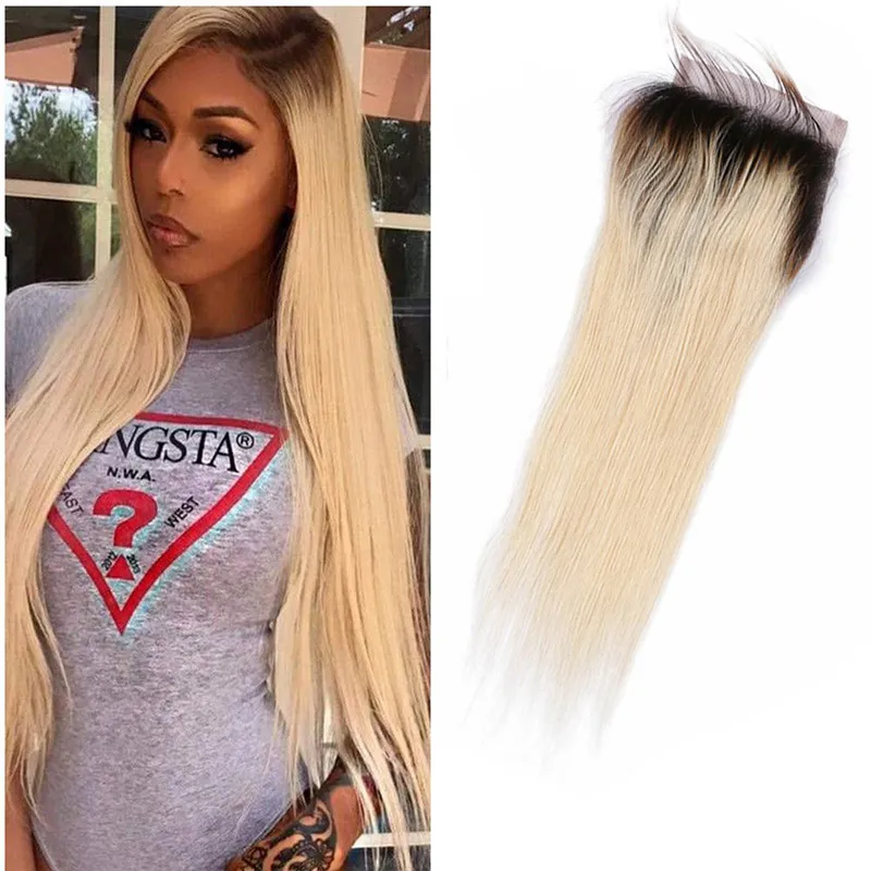 Cheveux humains brésiliens non transformés 1B / 613 # Couleur blonde 4X4 Fermeture en dentelle Extensions de cheveux vierges droites Fermetures supérieures 1B / 613 # Deux tons