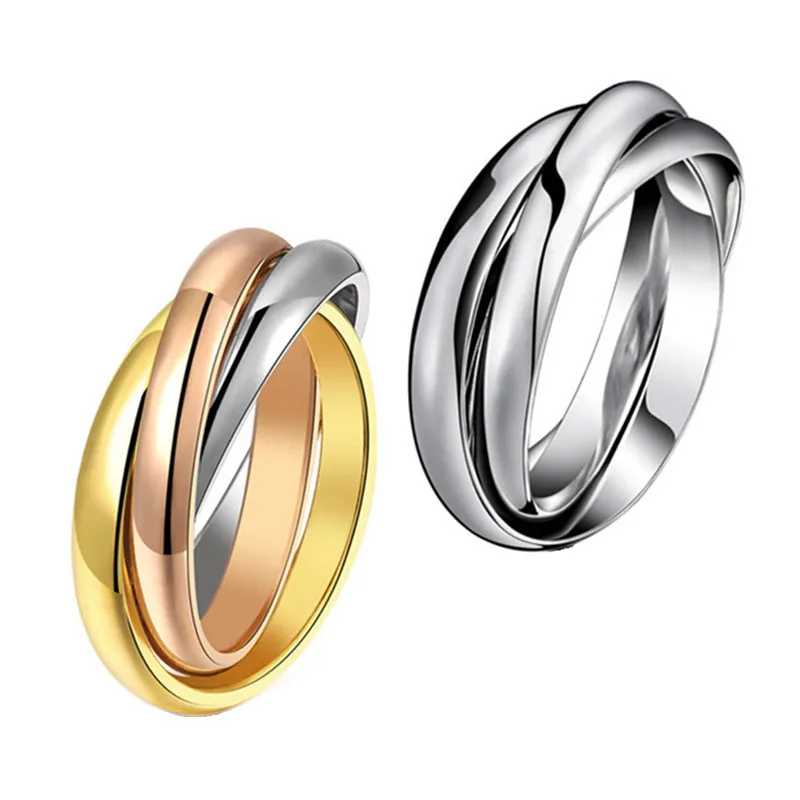 Gelb-Roségold-Silberfarben, 3 Kreise, Fingerring für Damen und Herren, Hochzeitsschmuck, 316L-Edelstahl, hochglanzpoliert