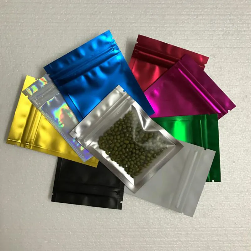 300pcs / parti 7,5 * 10cm färgad aluminiumfolie självtätning plast dragkedja förpackning för mat mellanmål lagring matte clear mylar baggies