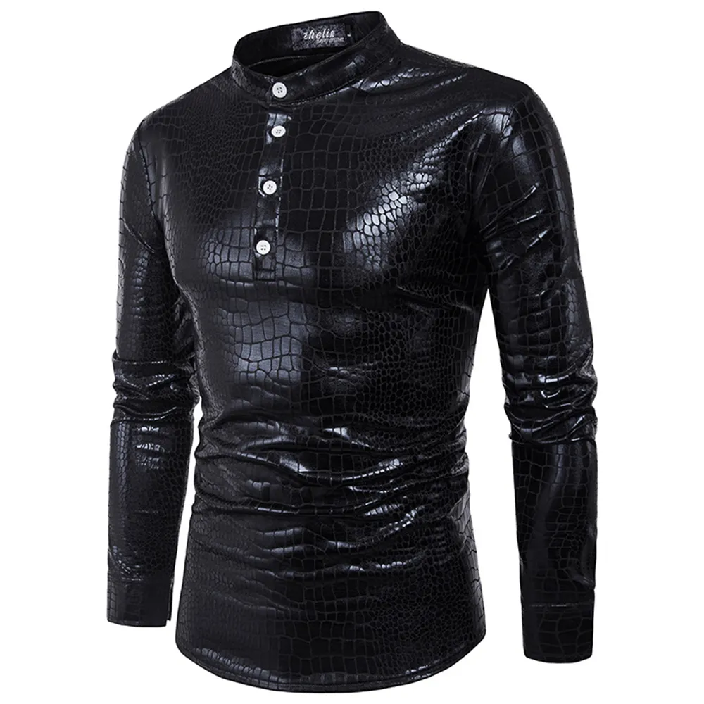 Мода Helisopus мода панк мужские рубашки эластичная металлическая блестящая рубашка с длинным рукавом Slim Fit Motobiker стиль ПВХ кожаные рубашки мужчины