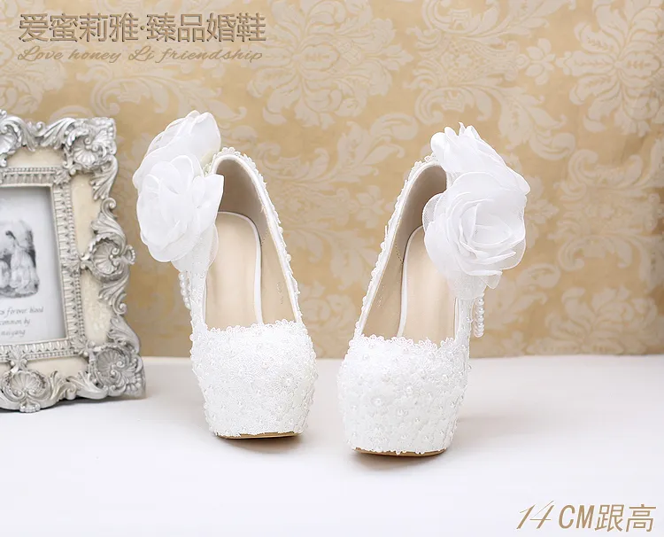 Perle Cristalli Scarpe da sposa Bianche Dimensioni su misura 10 cm 12 cm 14 cm Scarpe da sposa con tacco alto Prom Party Pompe da donna 230k