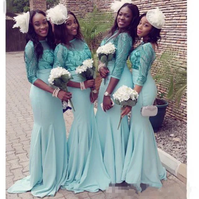 Mint afrikanska nigerianska gröna klänningar 3/4 ärmar Applique Lace Long Bridesmaid Formell prom Evening Gowns Maid of Honor