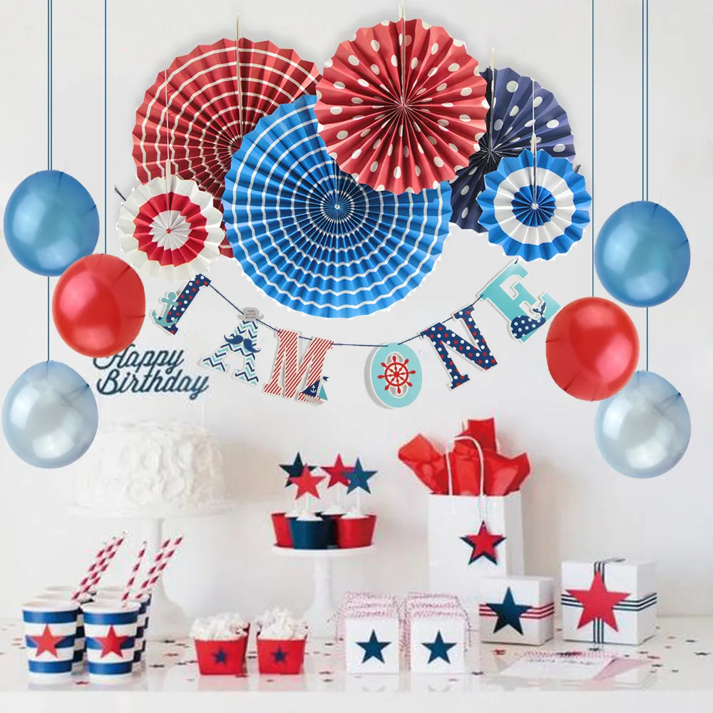 Eco Friendly Red ,Navy ,White First Birthday Party Decoration Set