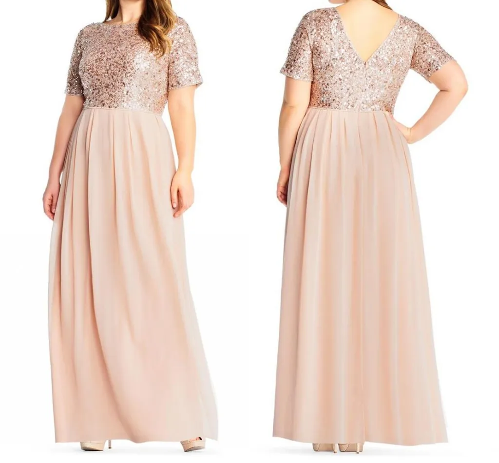 Blush-pailletten bruidsmeisje jurken korte mouwen Chiffon vloer lengte V-back bruiloft Guestjurken plus size lange bruidsmeisje jurk