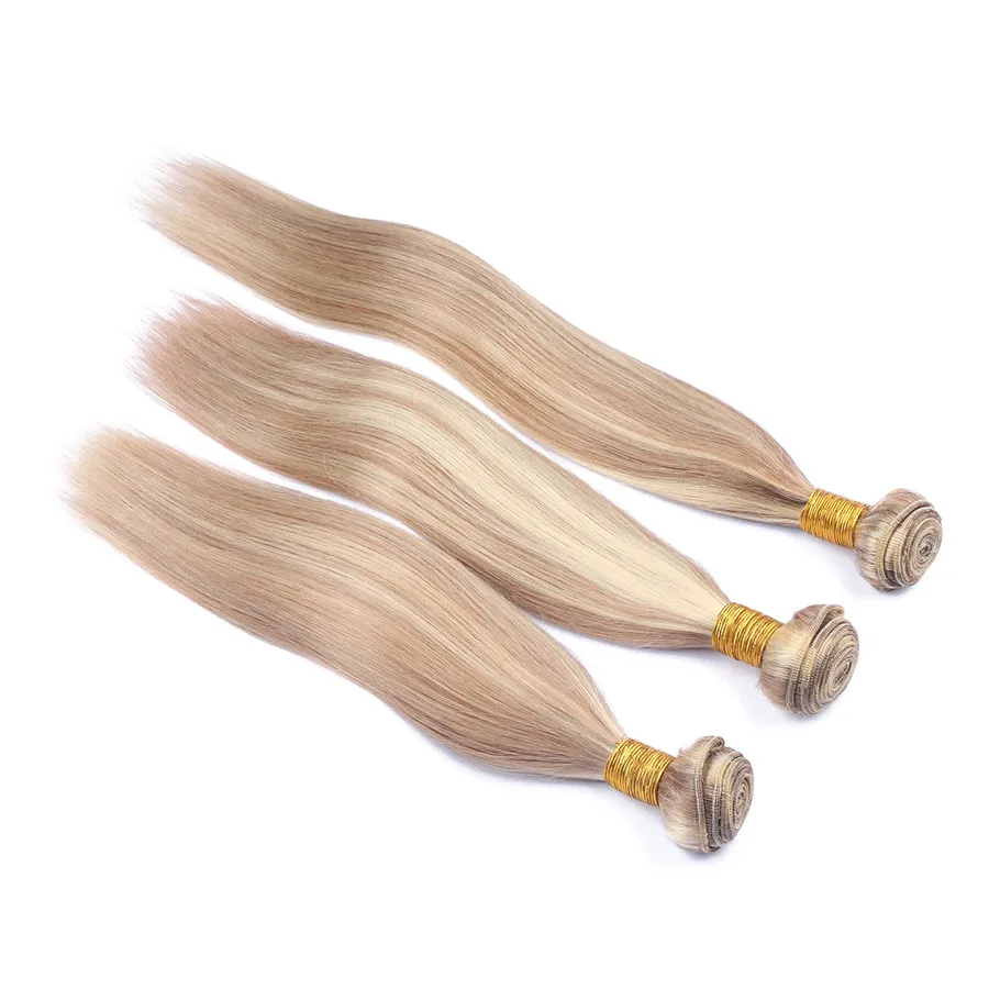 Fortepian # 27 613 Podświetlenie Human Włosów Wiązki 3 sztuk Silk Straigh Ombre Honey Blonde Piano Mix Kolor Dziewicy Brazylijski Ludzki We Wefts Extensions